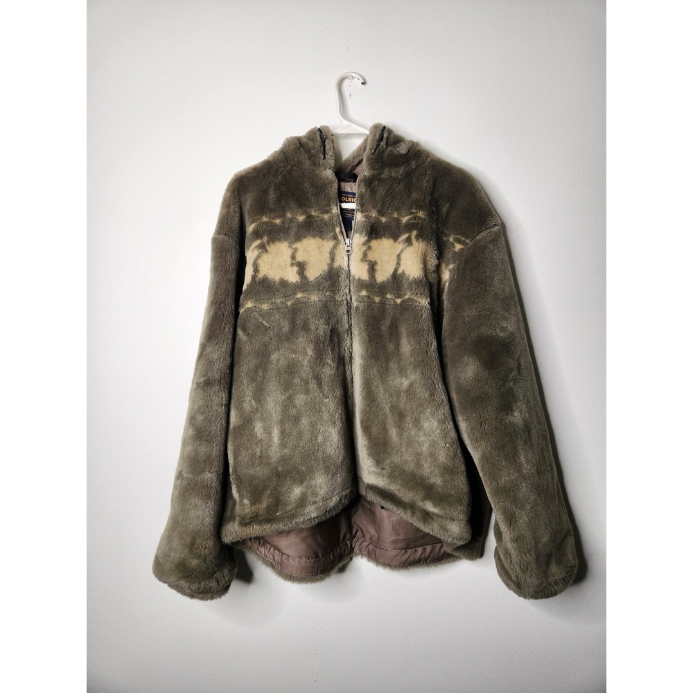 Woolrich Womens XL‎ Tumbleweed Leaves Faux Fur Hooded Full Zip Jacket Vintage